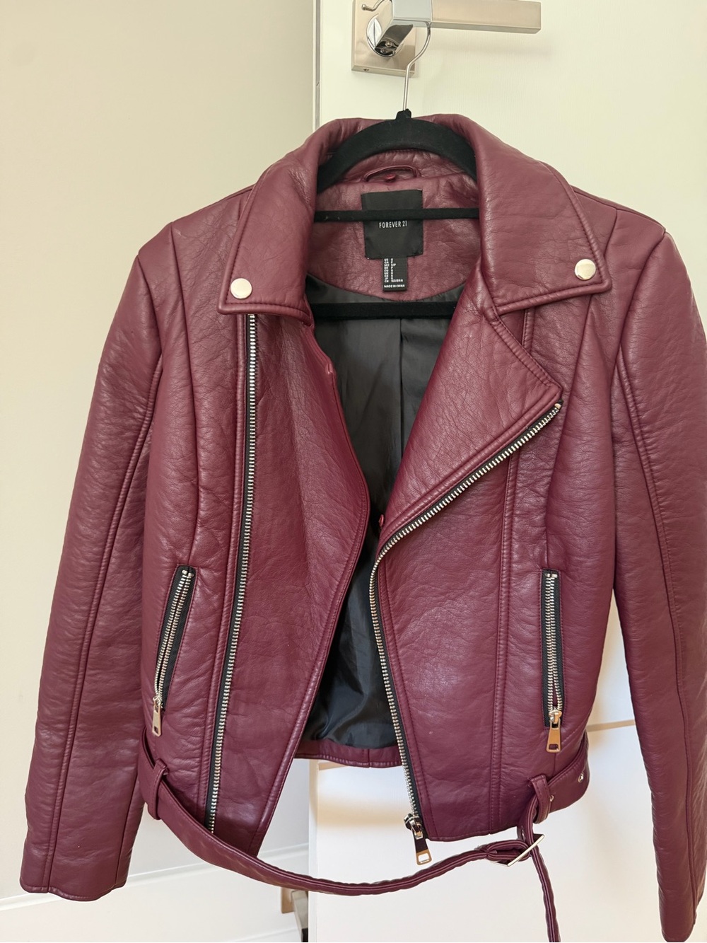 Forever 21 Women's Deep Burgundy Faux Leather Oversized Moto Jacket